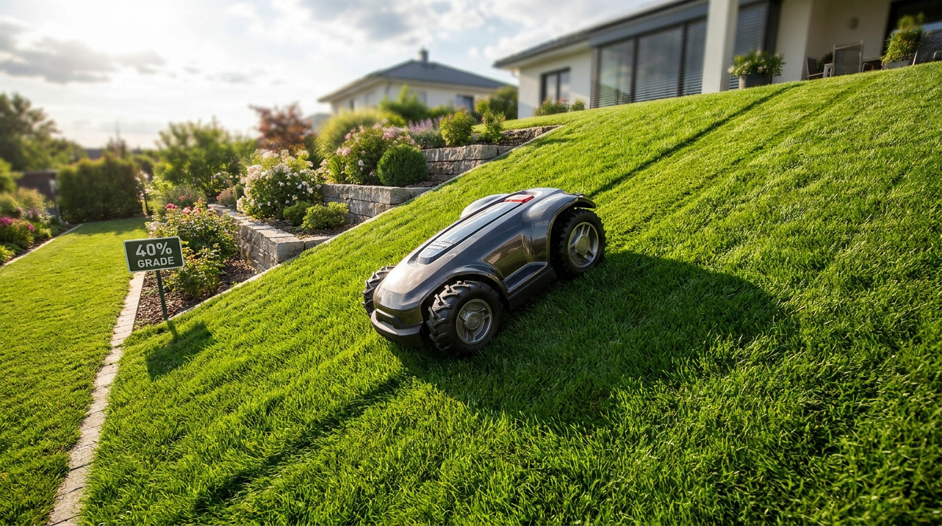 Un robot tondeuse autonome évoluant sur une colline herbeuse inclinée à 40% près d'une maison moderne.