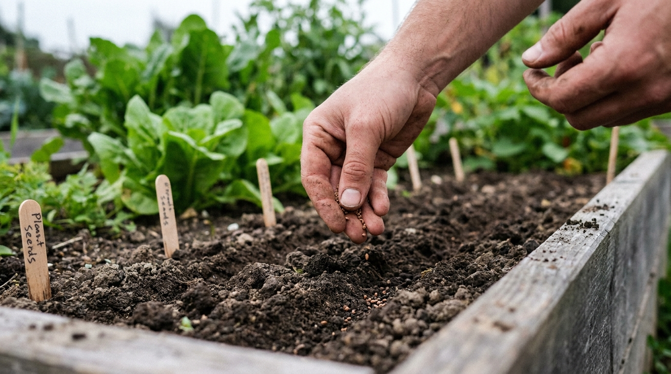 Mains semant des graines dans la terre fraîche d'un carré potager en septembre