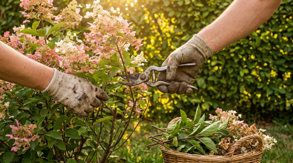 Taille d'un arbuste au sécateur dans un jardin en fin d'été à la lumière dorée
