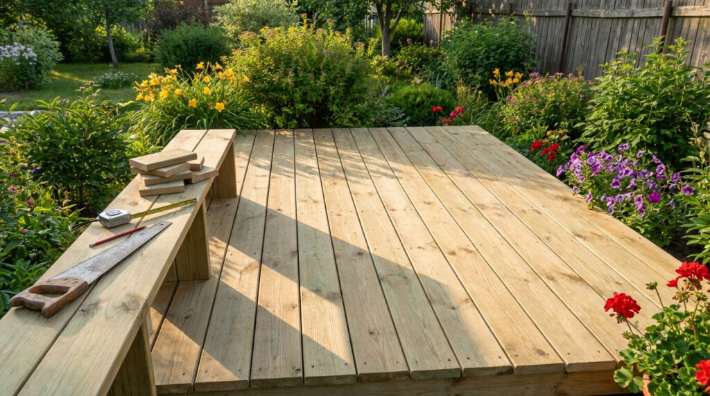 Terrasse en bois en construction avec des outils et des fleurs colorées dans un jardin ensoleillé.