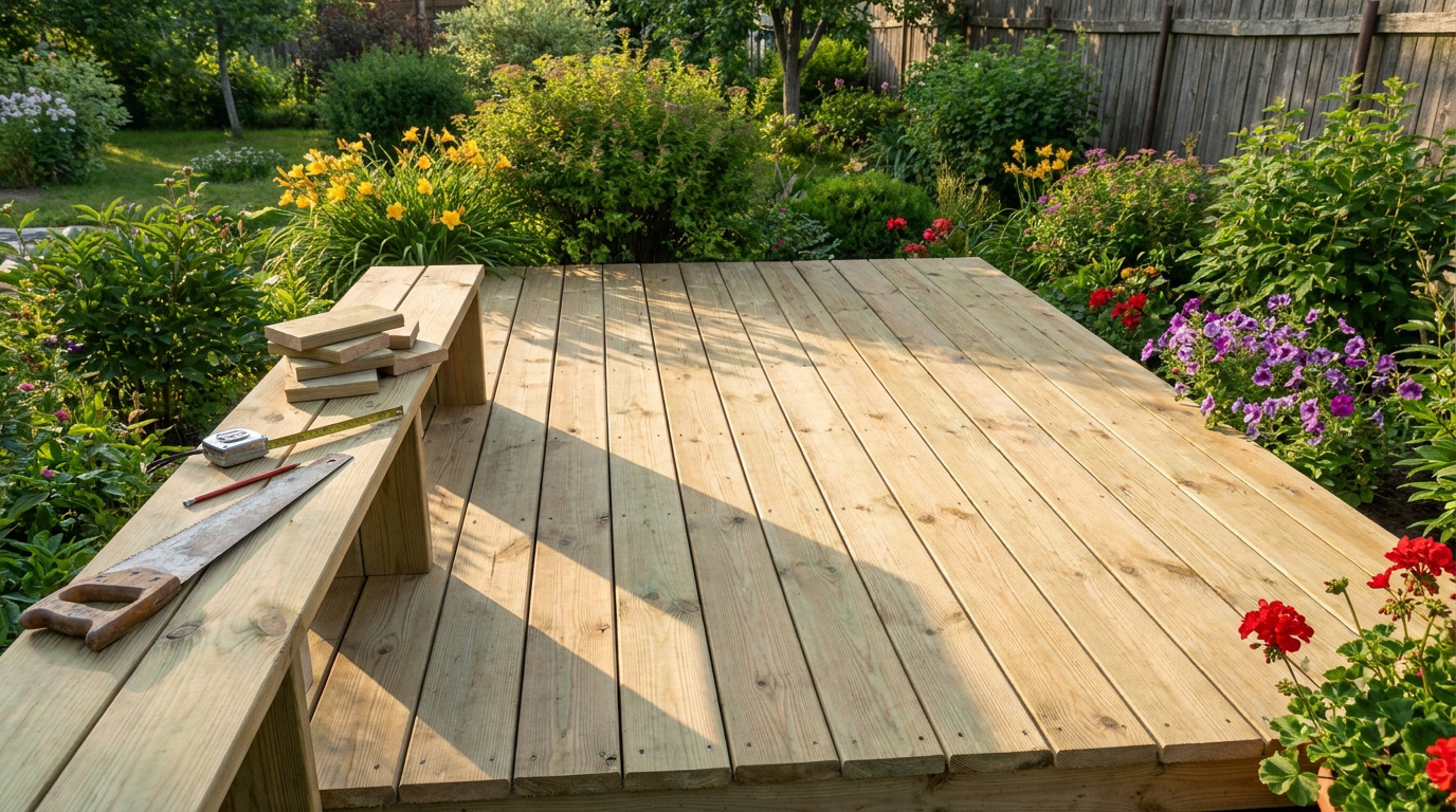 Terrasse en bois en construction avec des outils et des fleurs colorées dans un jardin ensoleillé.