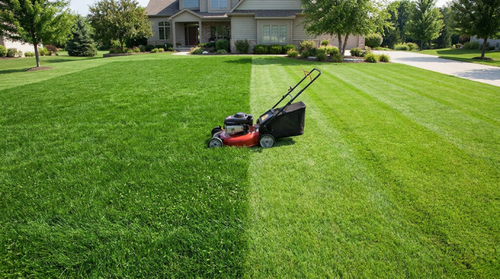Tondeuse rouge au centre d'une pelouse montrant la différence entre herbe haute non coupée et pelouse tondue.