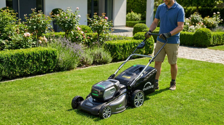 Un homme tond sa pelouse avec une tondeuse électrique moderne dotée d'une fonction mulching dans un beau jardin fleuri.