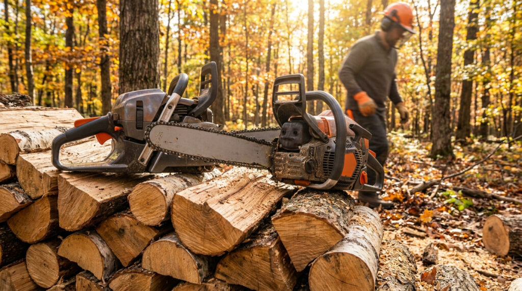 Deux tronçonneuses thermiques posées sur une pile de bois en forêt avec un bûcheron en arrière-plan.