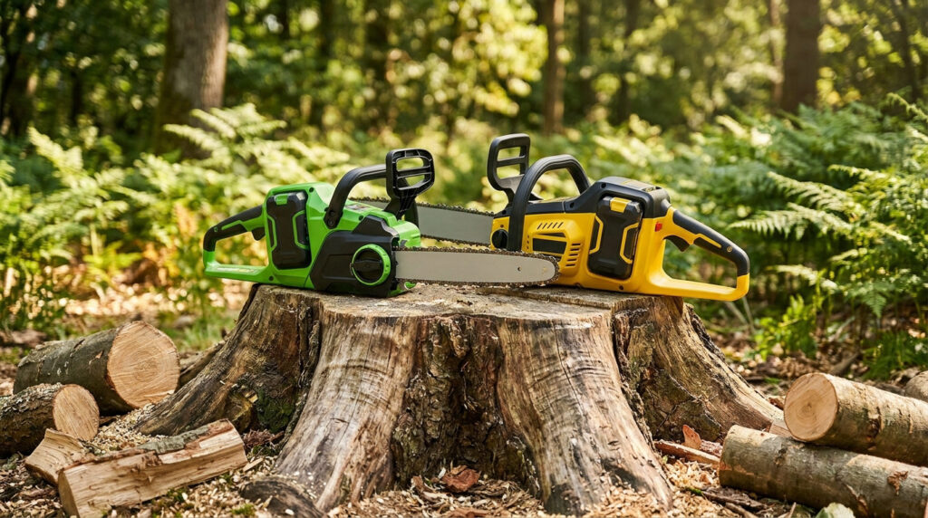Deux tronçonneuses Ă©lectriques, une verte et une jaune, posĂ©es sur une souche d'arbre dans une forĂȘt.