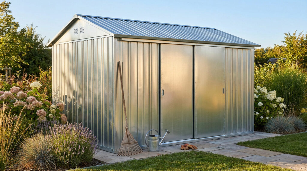 Un abri de jardin en métal galvanisé avec portes coulissantes, posé sur une terrasse au milieu d'un jardin fleuri.