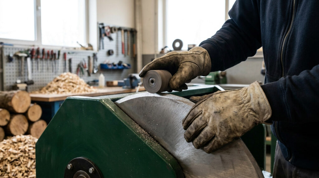 Un ouvrier portant des gants de protection utilise un outil rotatif pour affûter la lame d'un broyeur de végétaux.