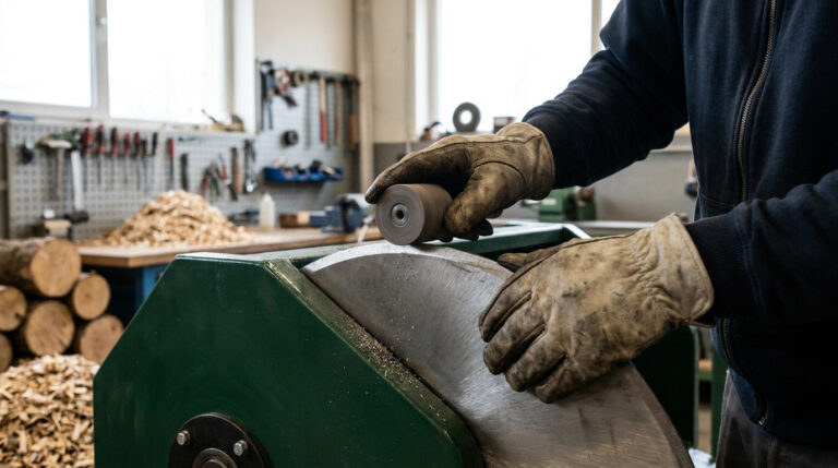 Un ouvrier portant des gants de protection utilise un outil rotatif pour affûter la lame d'un broyeur de végétaux.