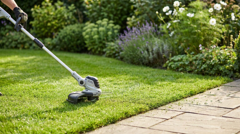 Une personne utilise un coupe-bordure électrique pour tailler les herbes le long d'une allée en pierre dans un jardin.