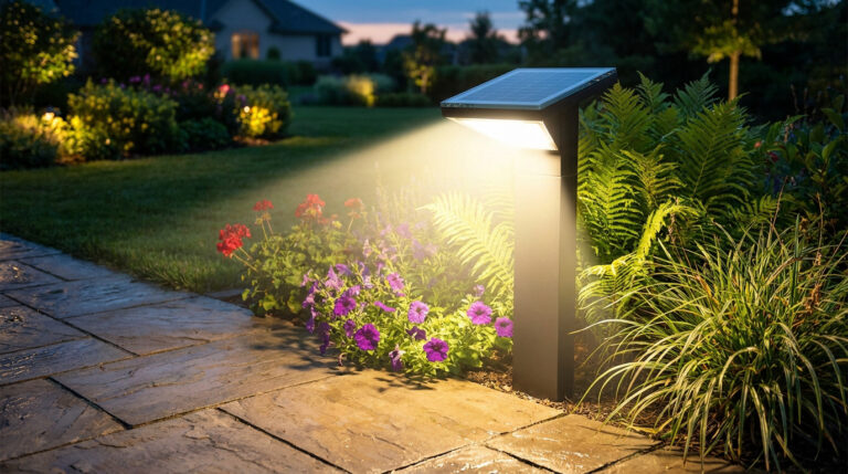 Borne d'éclairage solaire moderne illuminant un massif de fleurs et une allée de jardin au crépuscule.