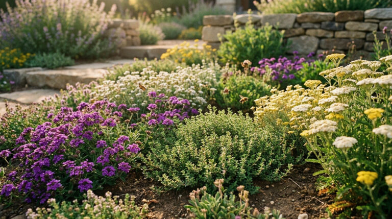Jardin méditerranéen ensoleillé avec des fleurs violettes et jaunes et des abeilles butinant dans la lumière du soir.