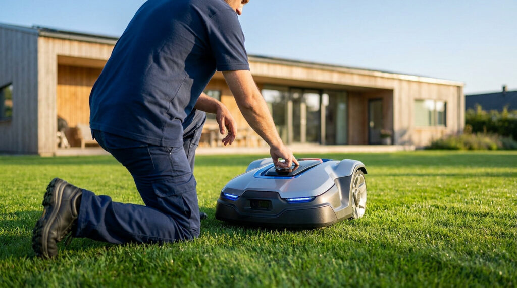 Un technicien programme un robot tondeuse sur une pelouse devant une maison moderne.