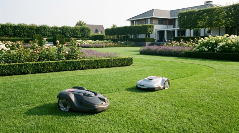Deux robots tondeuses modernes tondant une grande pelouse devant une luxueuse maison avec un jardin fleuri.