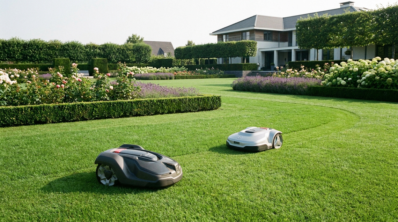 Deux robots tondeuses modernes tondant une grande pelouse devant une luxueuse maison avec un jardin fleuri.