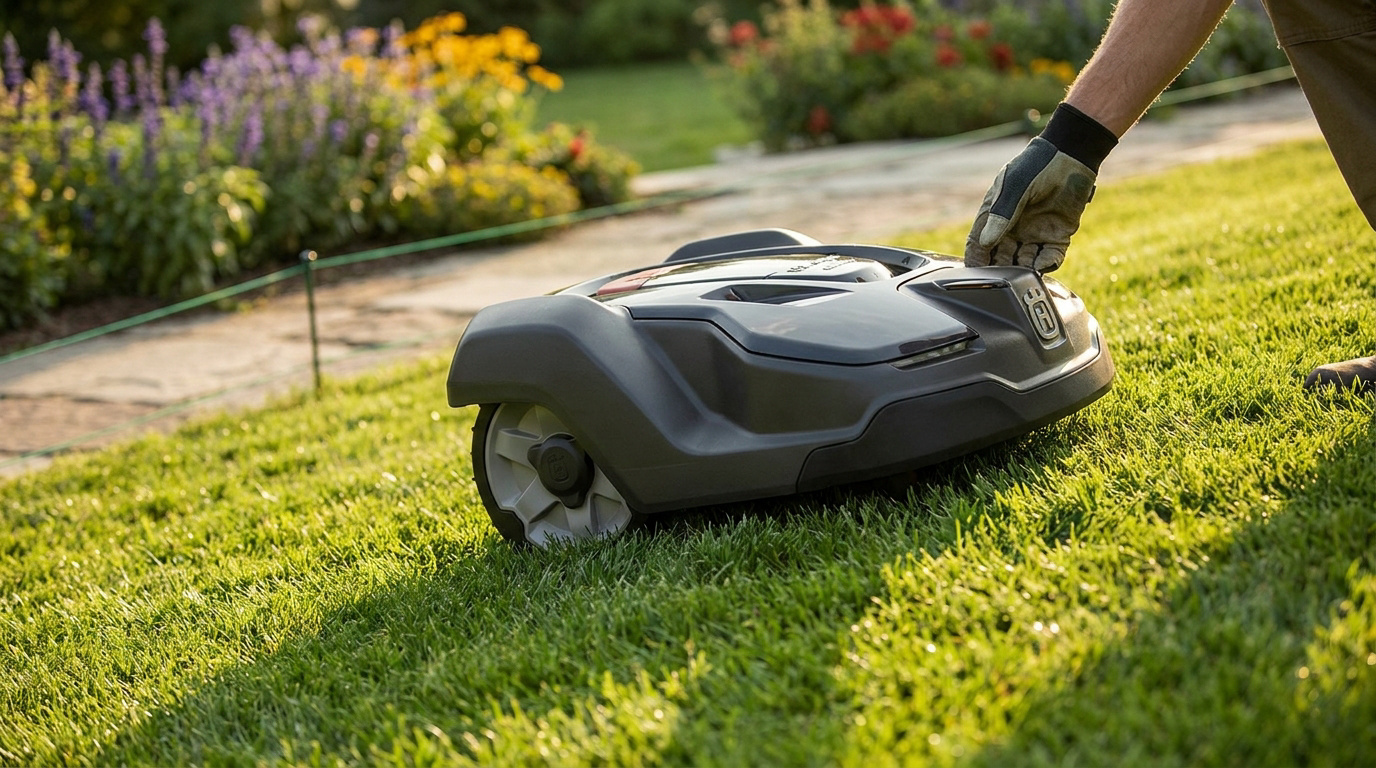 Une personne porte un robot tondeuse gris sur une pelouse verdoyante dans un jardin ensoleillé.