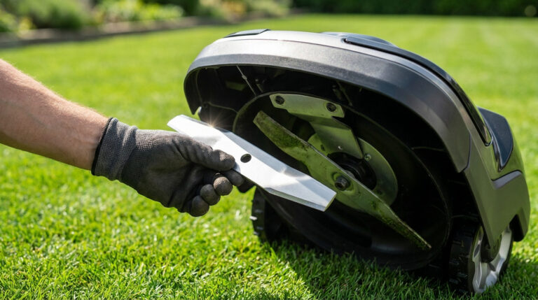Une main gantée tenant une lame de rechange devant le disque de coupe retourné d'un robot tondeuse dans un jardin.