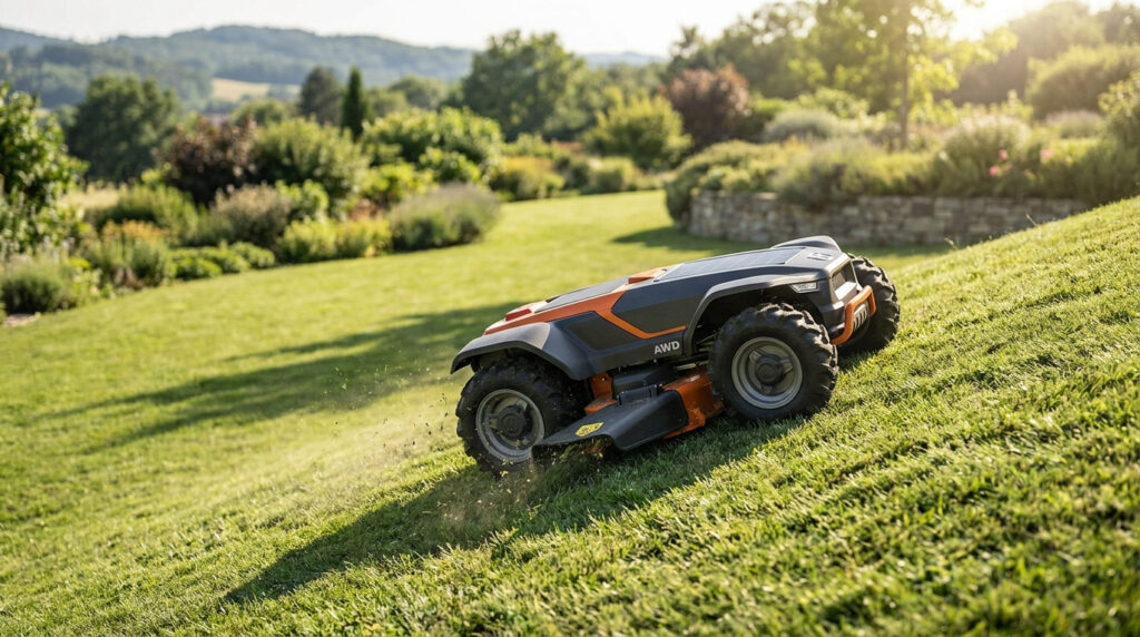 Un robot tondeuse tout-terrain circulant sur une pelouse en pente dans un grand jardin ensoleillé.