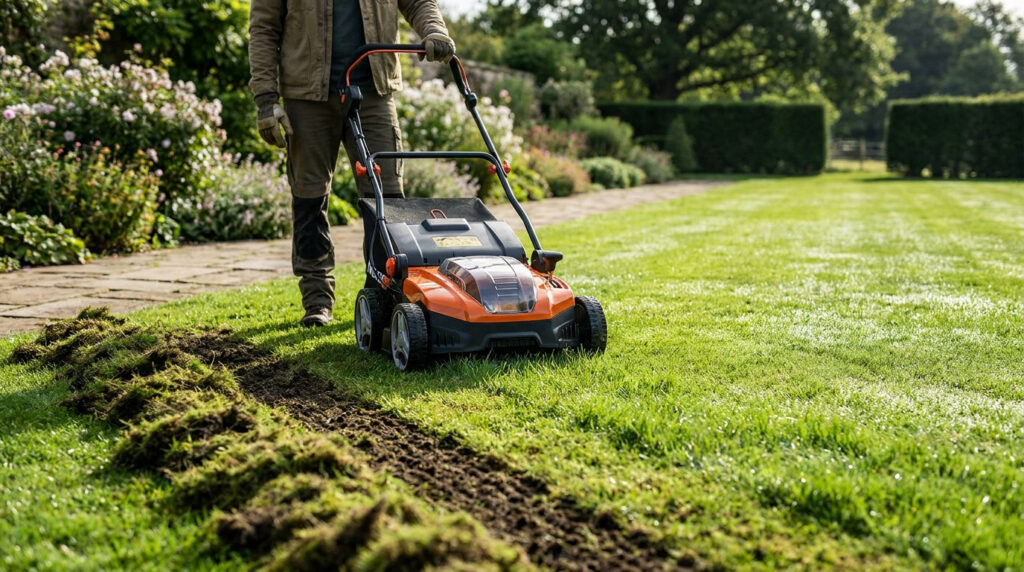 Un jardinier utilise un scarificateur orange sur une pelouse verdoyante dans un jardin ensoleillé.