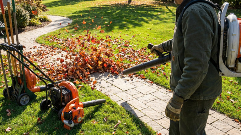 Un jardinier utilise un souffleur à dos pour nettoyer des feuilles mortes sur une allée pavée en automne.
