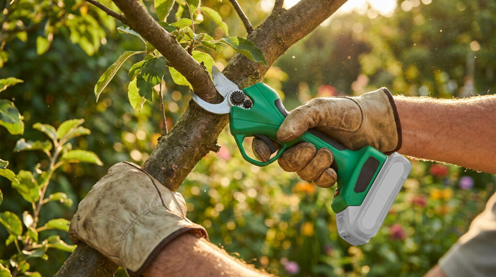 Un jardinier utilisant un sécateur électrique vert pour couper une branche d'arbre dans un jardin ensoleillé.