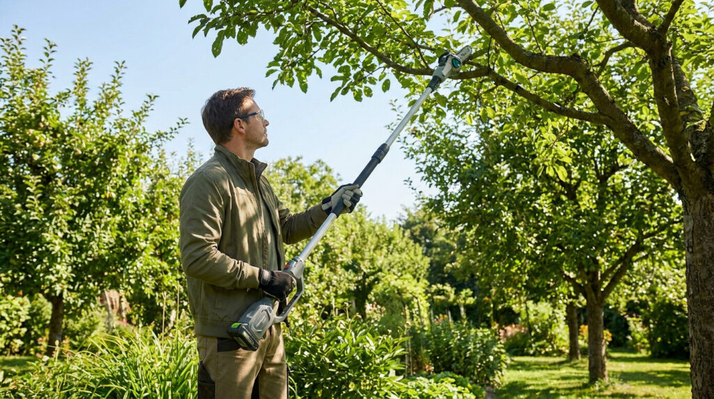 Homme utilisant une élagueuse sur perche à batterie pour tailler les branches hautes d'un arbre dans un verger.