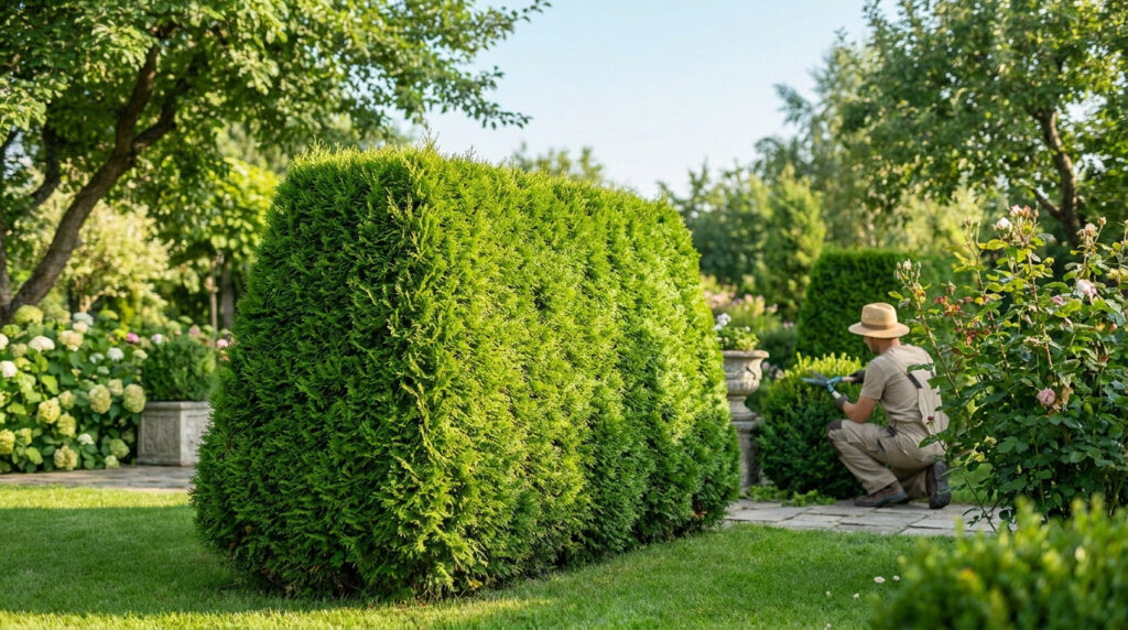 Un jardinier en chapeau taille une haie de thuyas dans un jardin verdoyant et ensoleillé.