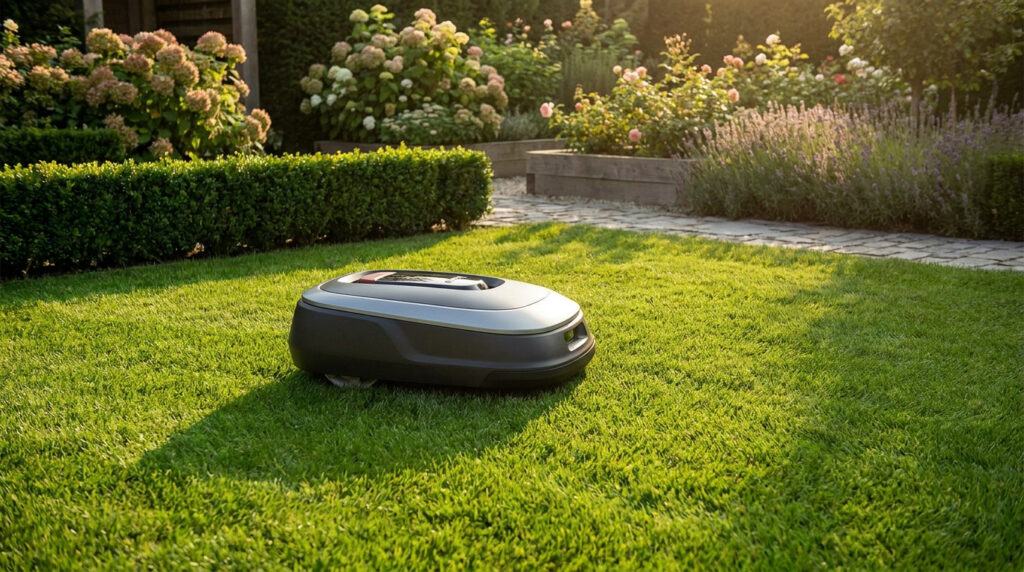 Robot tondeuse moderne fonctionnant sur une pelouse verte dans un jardin fleuri ensoleillé.