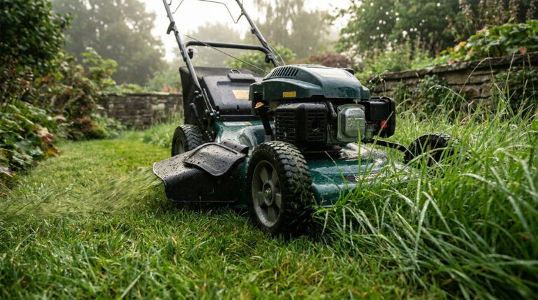 Une tondeuse à gazon verte coupant de l'herbe haute et humide dans un jardin par temps brumeux.
