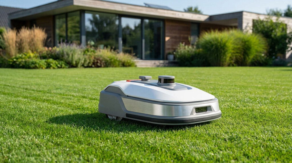 Un robot tondeuse autonome moderne tond une pelouse parfaitement entretenue devant une maison contemporaine.