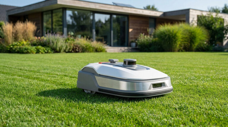 Un robot tondeuse autonome moderne tond une pelouse parfaitement entretenue devant une maison contemporaine.