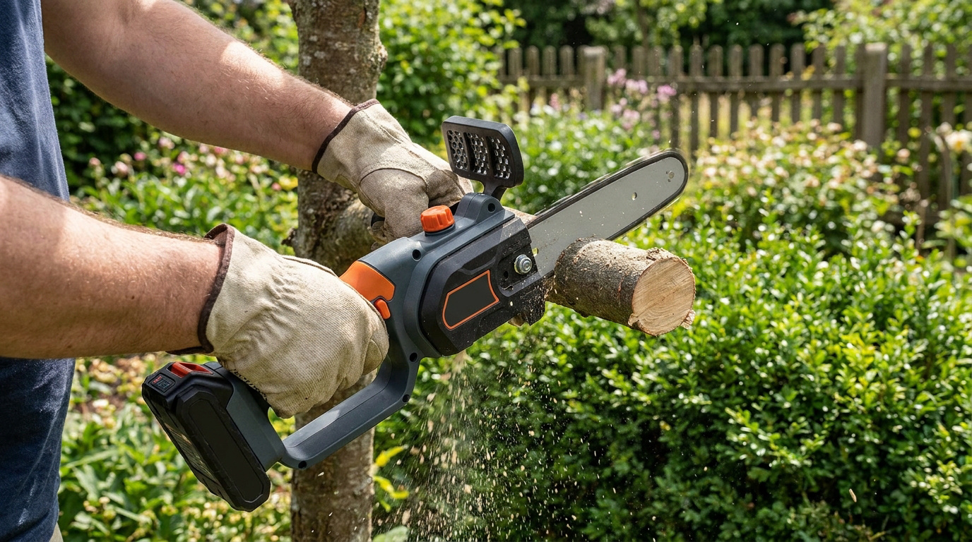 Personne portant des gants de protection coupant une branche avec une mini tronçonneuse à batterie au jardin.
