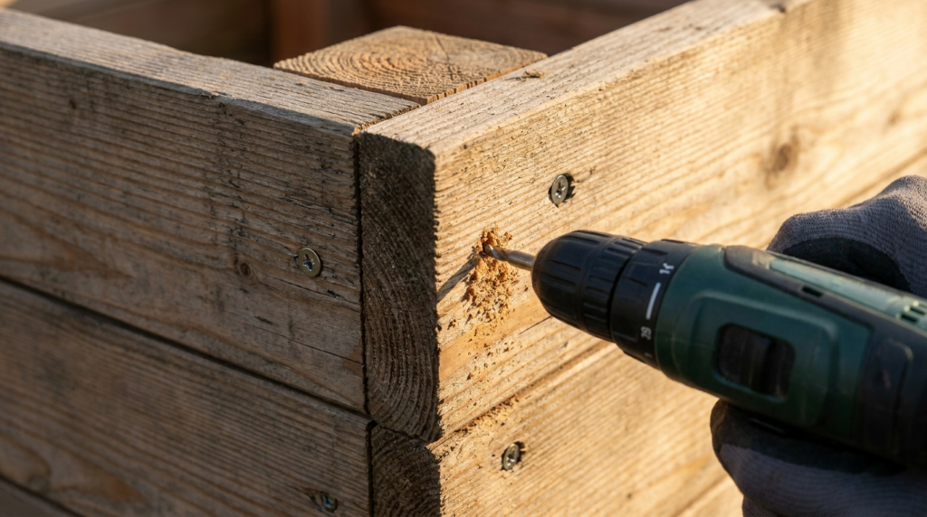 assemblage vissé d'angle d'un carré potager en bois