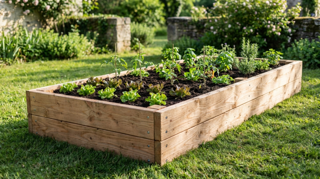 carré potager surélevé en bois de douglas planté de légumes