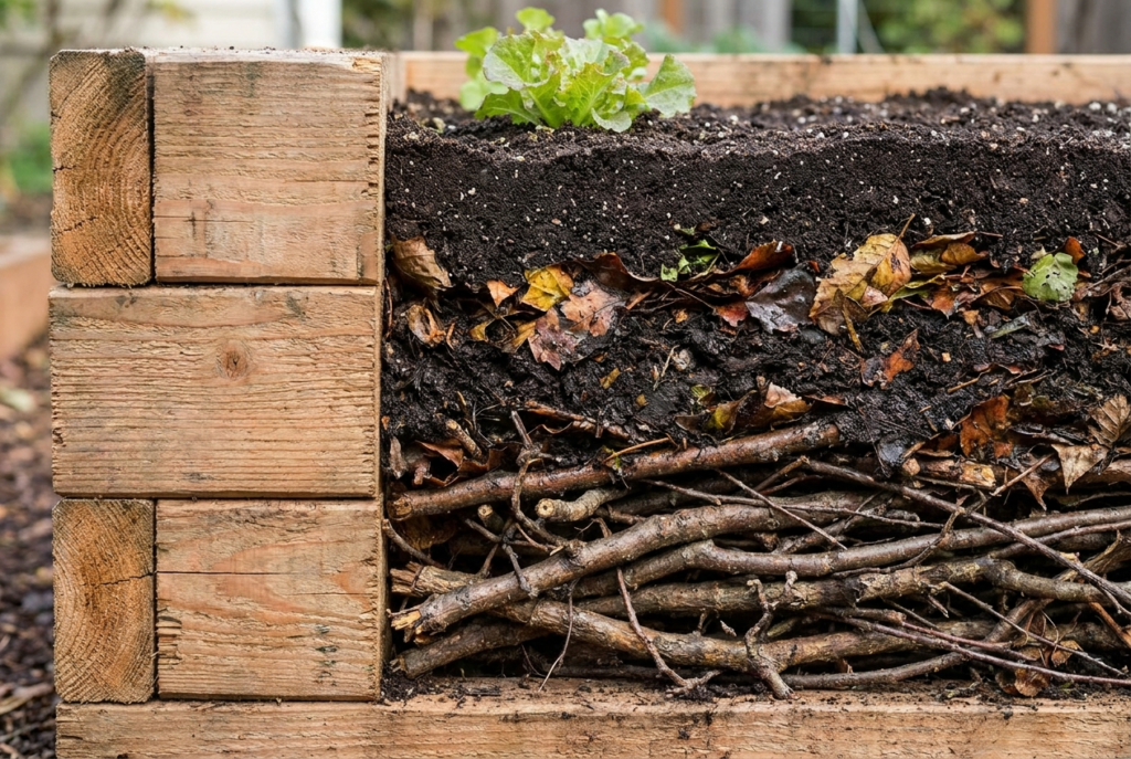 remplissage en couches d'un carré potager surélevé